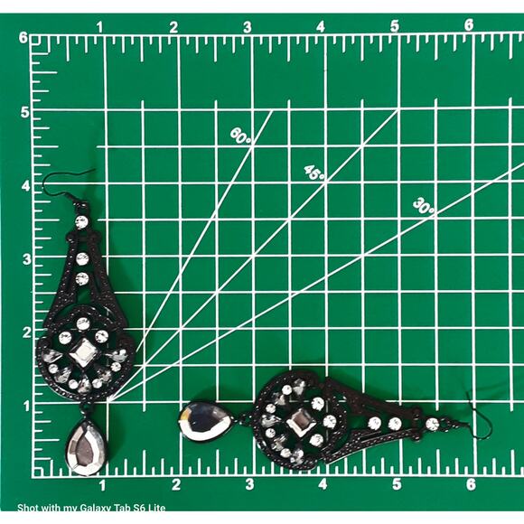 Jumbo Black Dangle Drop Earrings Bright Clear Rhinestones Pierced - Picture 10 of 10